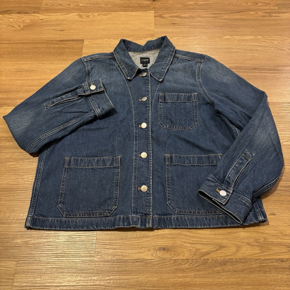 J.Crew Denim Chore Jacket Women's Large Blue Utility Workwear Stretch Barn Coat